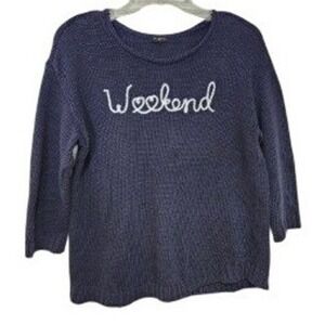 Talbots Petite Navy Blue Weekend Graphic Knit Sweater 3/4 Sleeve Cotton Blend